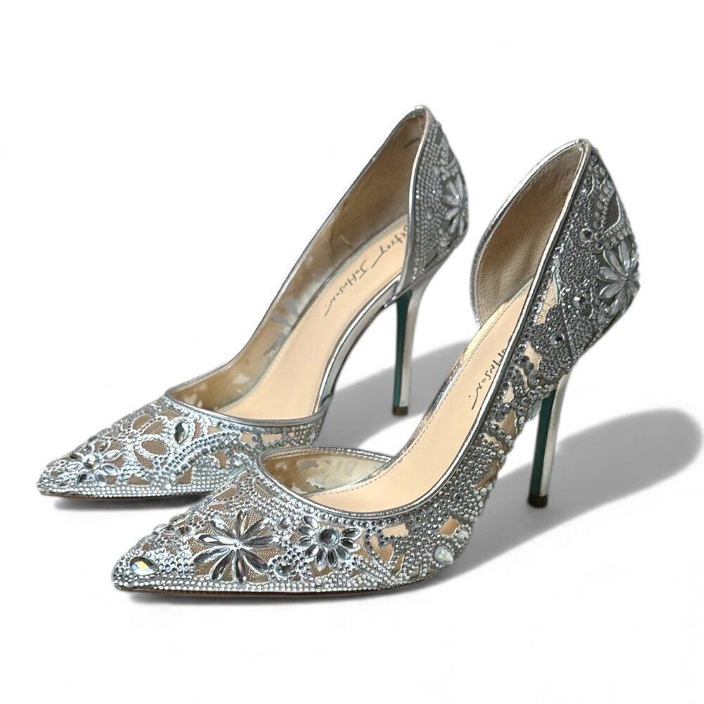 Betsey Johnson Embellished SB-Chic Silver Rhinestone D'Orsay Pumps Heels Size 10 - Picture 2 of 15
